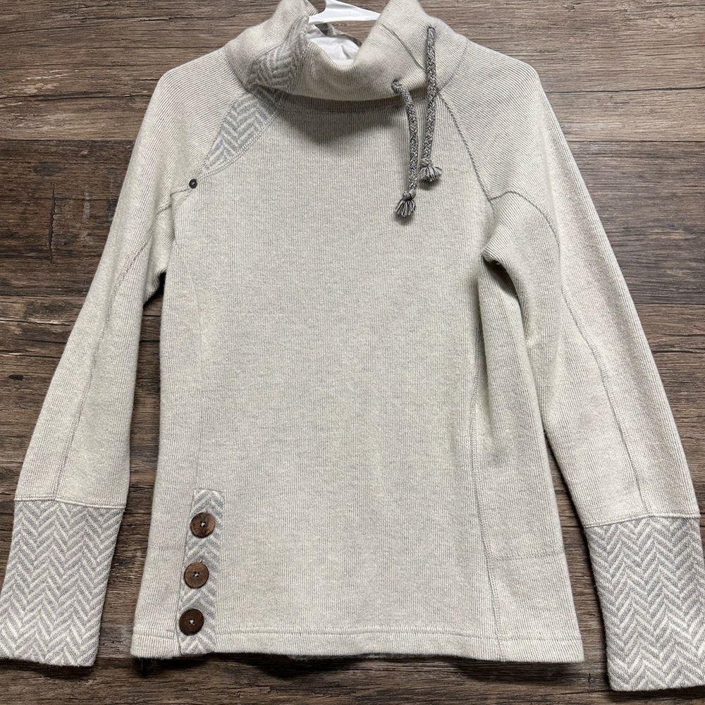Prana Cream Cowl Neck Sweatshirt with Unique Side Closure